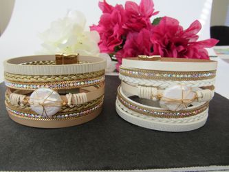 2 x Set Natural Pearl Genuine Leather Bracelets, Each $12