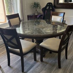Round Glass Dining Table Set – 4 Wood Leather Chairs