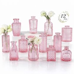 RUCKAE 12 Pack Glass Bud Vases Mini Flower Vase Small Vintage Vases for Centerpiece Table Wedding Decorations Home Decor Party (Pink)