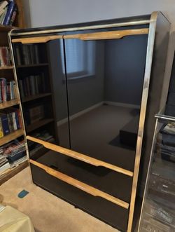 Vintage Mid-Century Modern Bar Cabinet / Record Storage Console – Black & Wood – Retro Design