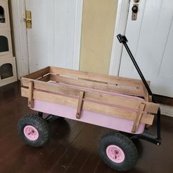 Pink Steel Kids Heavy Duty Wagon Cart with Wood Railing And 10 in All Terrain Tires