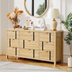 58.5" Wide Wood 9 Drawer Dresser with Vertical Bar Decoration and Metal Handle