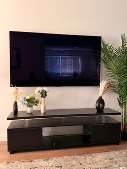 Black TV Stand with Storage and Glass Shelf