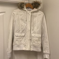 Juniors White Denim With Fur Trimmed Hood Quilted Jacket 