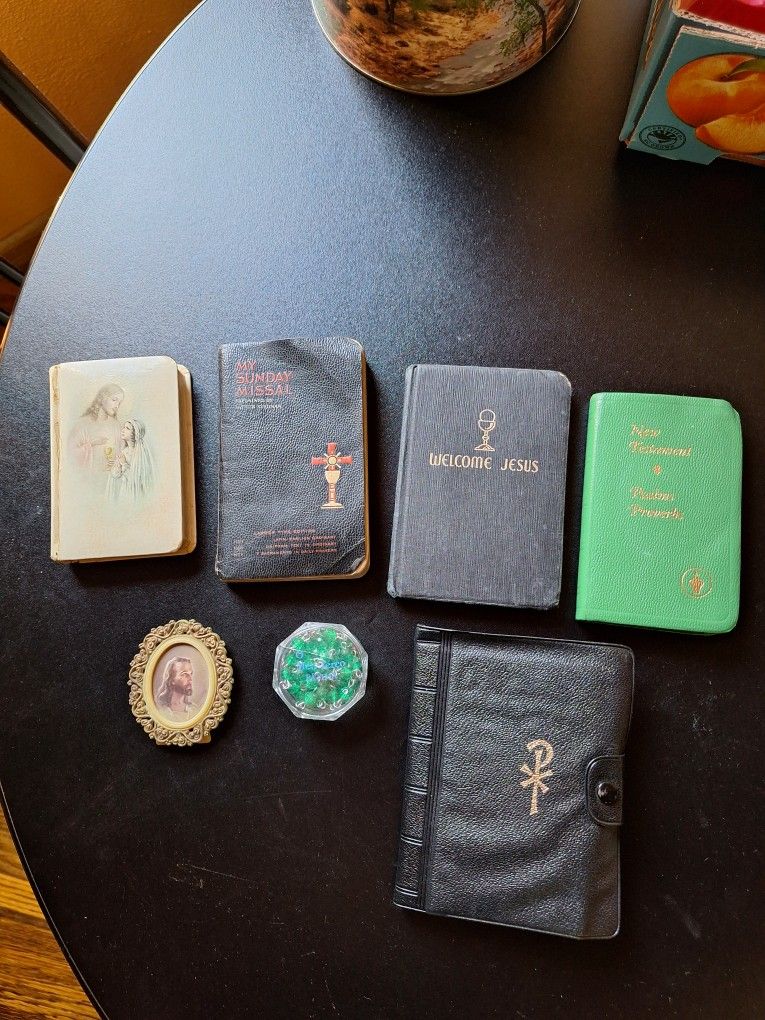 Old Catholic Prayer Books, Picture of Jesus in a Stand, Rosary