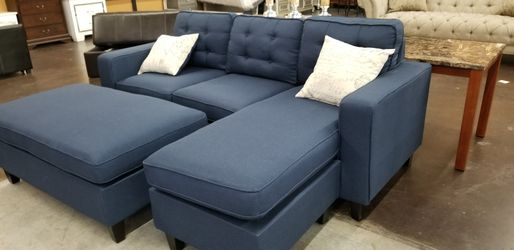Beautiful deep blue fabric sofa chaise sectional
