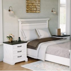 Modern Farmhouse Wood Nightstand with Charging Station & 3 Large Drawers, 24 Inch Wide Rustic Bedside Table & End Table with Storage Bedside Cabinet f