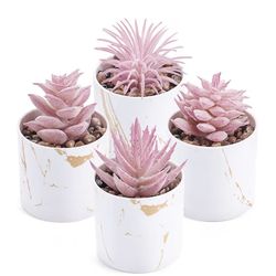 Super cute Mini artificial pink succulent plants in white and gold planter.