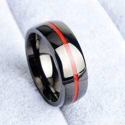 New Polished Stainless Steel Thin Red Line Band Ring  Military Firefighter