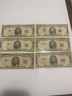 I have six collectible notes, five red and one green, each worth five dollars. I'm asking for 25 for each one.