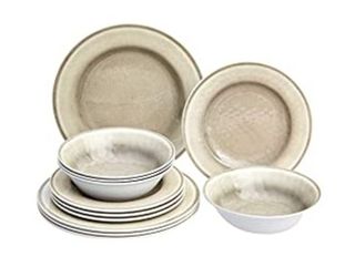 12 Piece Melamine Dinnerware Set - White Crackle Glaze - 4 Sets
