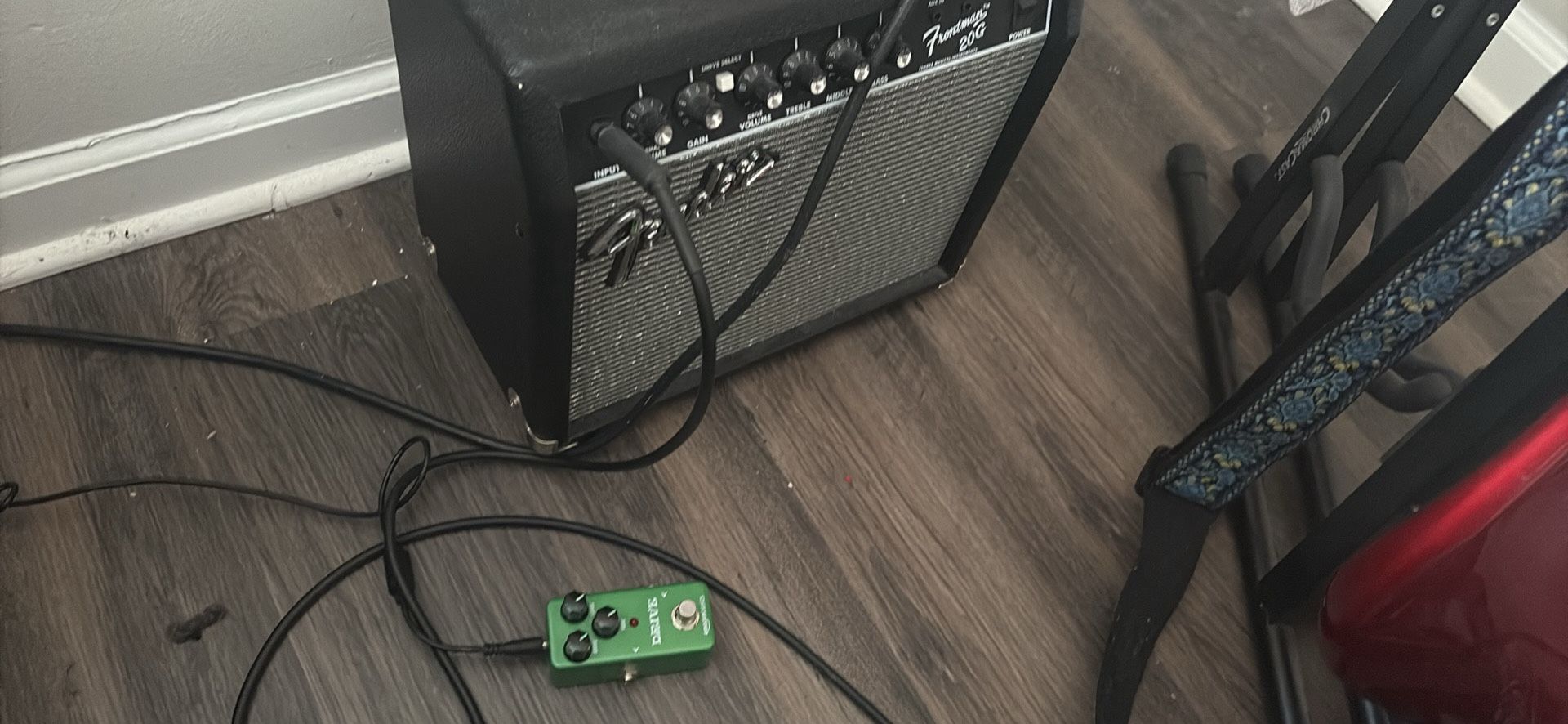 Squire Stratocaster And Fender Amp With Drive Pedal 