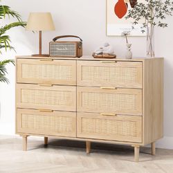 Modern 6 Drawer Double Dresser with Gold Handles