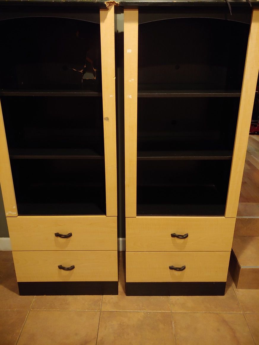 Set of tall book cases with deep drawers & shelves