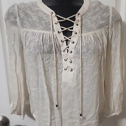 Forever 21 Woven Top Cream Sz S Lace Trim 3/4 Sleeve Pullover Blouse NWT 