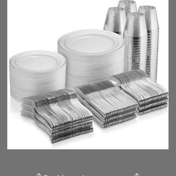 600 Piece Silver Dinnerware Set -100 Silver Rim 10 Inch Plastic Plates 100 Silver Rim 7 Inch Plates -300 Silver Plastic Silverware -100 Silver Plastic