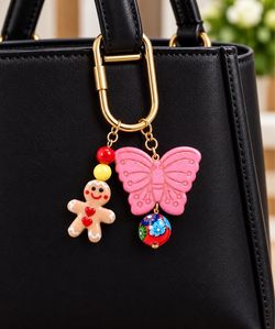 Cute Pink Butterfly & Gingerbread Man Charm Keychain – Colorful Beaded Bag Charm