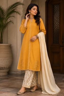 Sana Safinaz Designer 3-Piece Cotton Suit (Medium) – Mustard Kurta, Block Print Pants, Dupatta