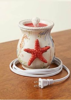 Coastal Ceramic Wax Melt Warmer with Lid – Starfish & Seahorse Nautical Decor