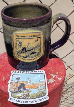 2023 "Follow Your Heart, But Take Coffee With You" (Deneen Pottery) 16+ oz Ceramic Camper Mug.