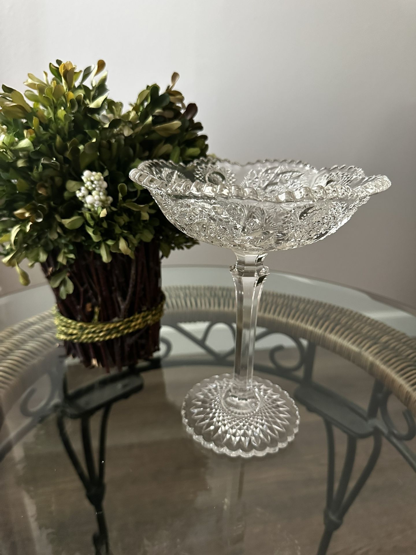 Antique American Brilliant Period Crystal Cut Glass Compote Bowl Pinwheel starburst, sawtooth Rim.