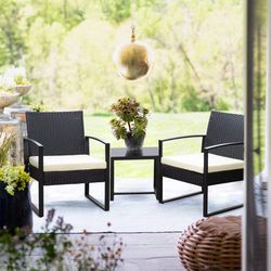 New 3 Pieces Patio Bistro Sets Outdoor Wicker Furniture Sets Modern Rattan Chair Conversation Sets with Coffee Table for Yard and Bistro  New in box V