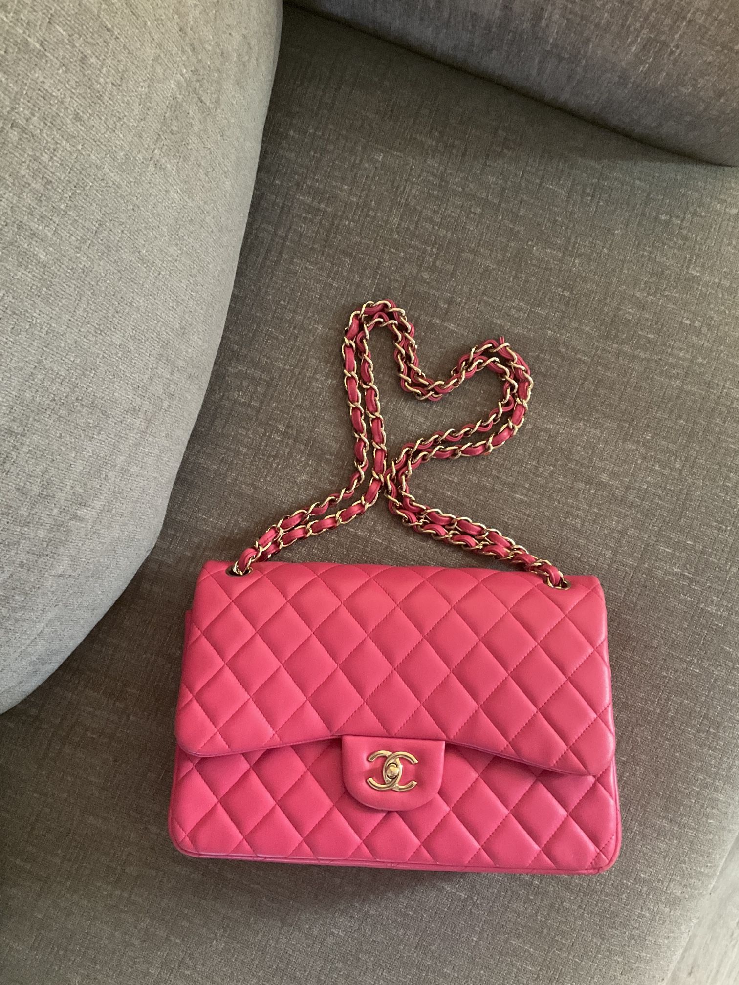 RARE Chanel HOT PINK Lambskin Double Flap Bag Light Gold Hardware
