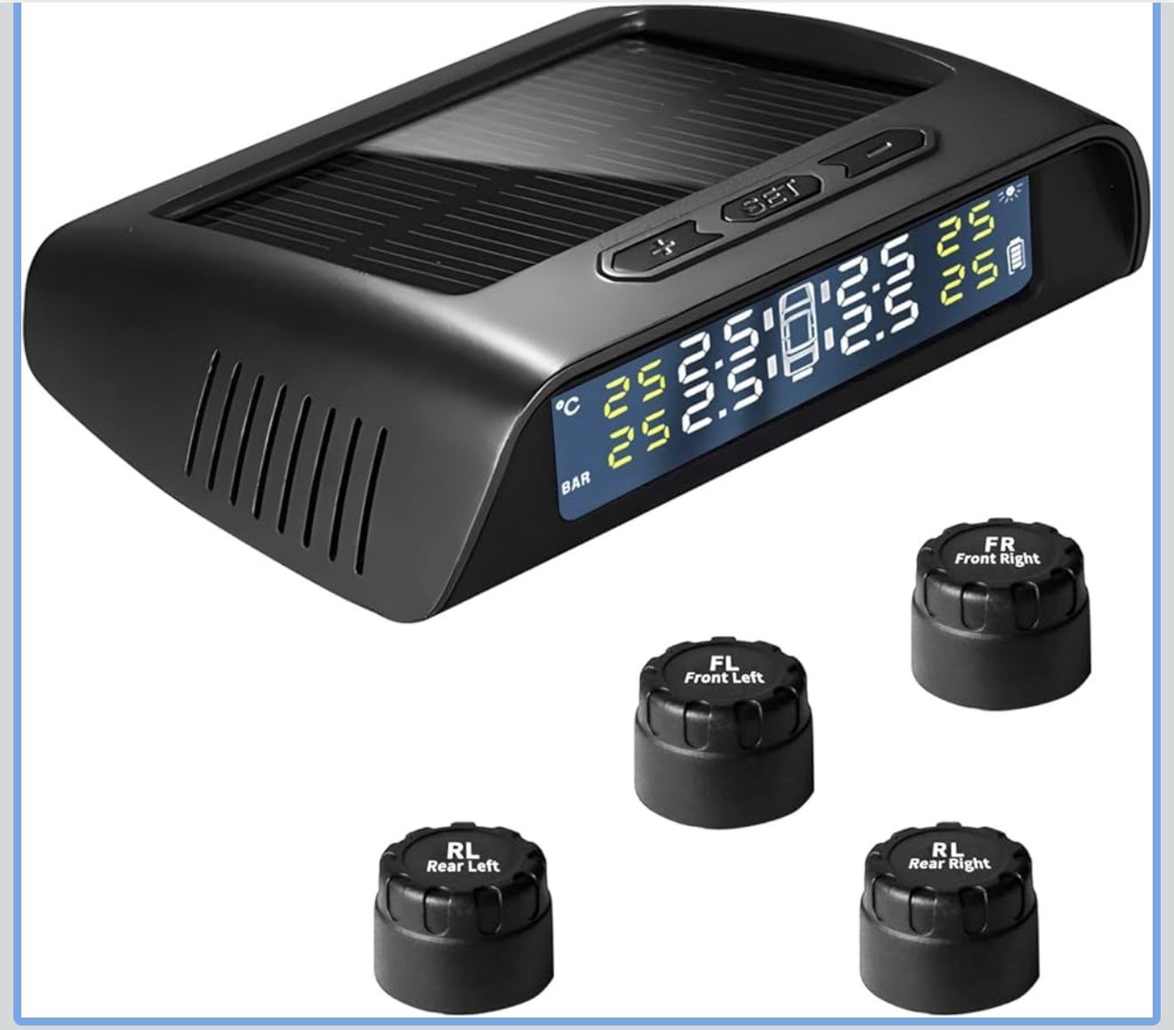 Cozy Blue Solar Powered TPMS Tire Pressure Monitoring System - TPMS for Car and SUV, 0-6BAR/87PSI Range,Include 4 Sensors, Real-Time Pressure and Temp