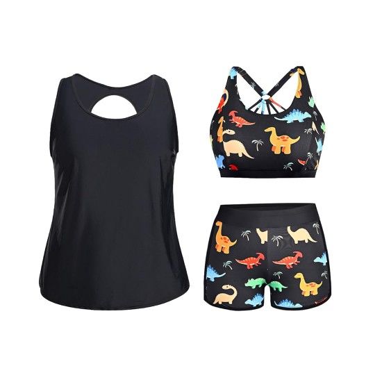 Dinosaur Plus Size Three Piece Swim Tankini Bikini Set