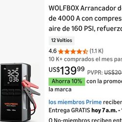 WOLFBOX 4000A Jump Starter with 160 PSI Air Compressor, 12V Car Battery Booster, 65W Fast Charging, 24000mAh Portable Tire Inflator, LED Display for 1