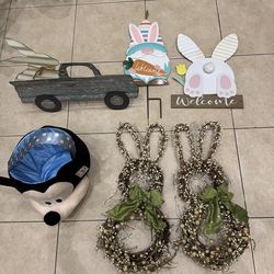 Easter Decor Lot: Bunny Wreaths, Metal decor and Mickey Easter Basket Lot of 5 items