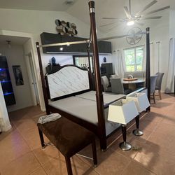 KING size 4 Poster Bed SOLID WOOD + BRUSHED NICKEL Headboard, Footboard, Finials and a Canopy Frame,  Bench, 2 lamps HEAVY DUTY set