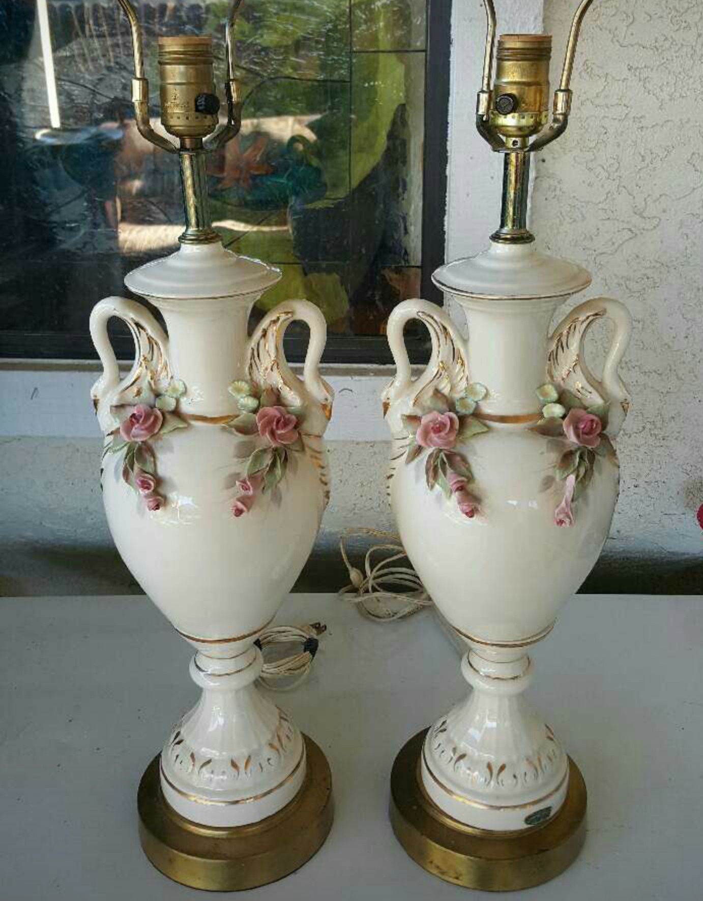 Antique Vintage Shabby Chic Pair of 2 Porcelain Swan Lamps