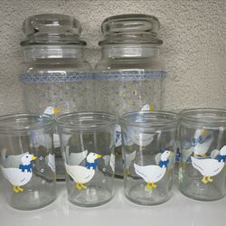 Vintage Libbey 1980st Country geese goose duck jars cups glasses blue ribbon storage jar 9 piece