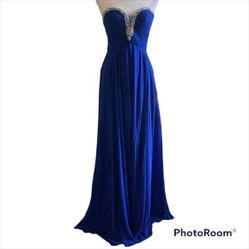 Long Royal Blue Beaded Chiffon Prom Gown Dress US XS 