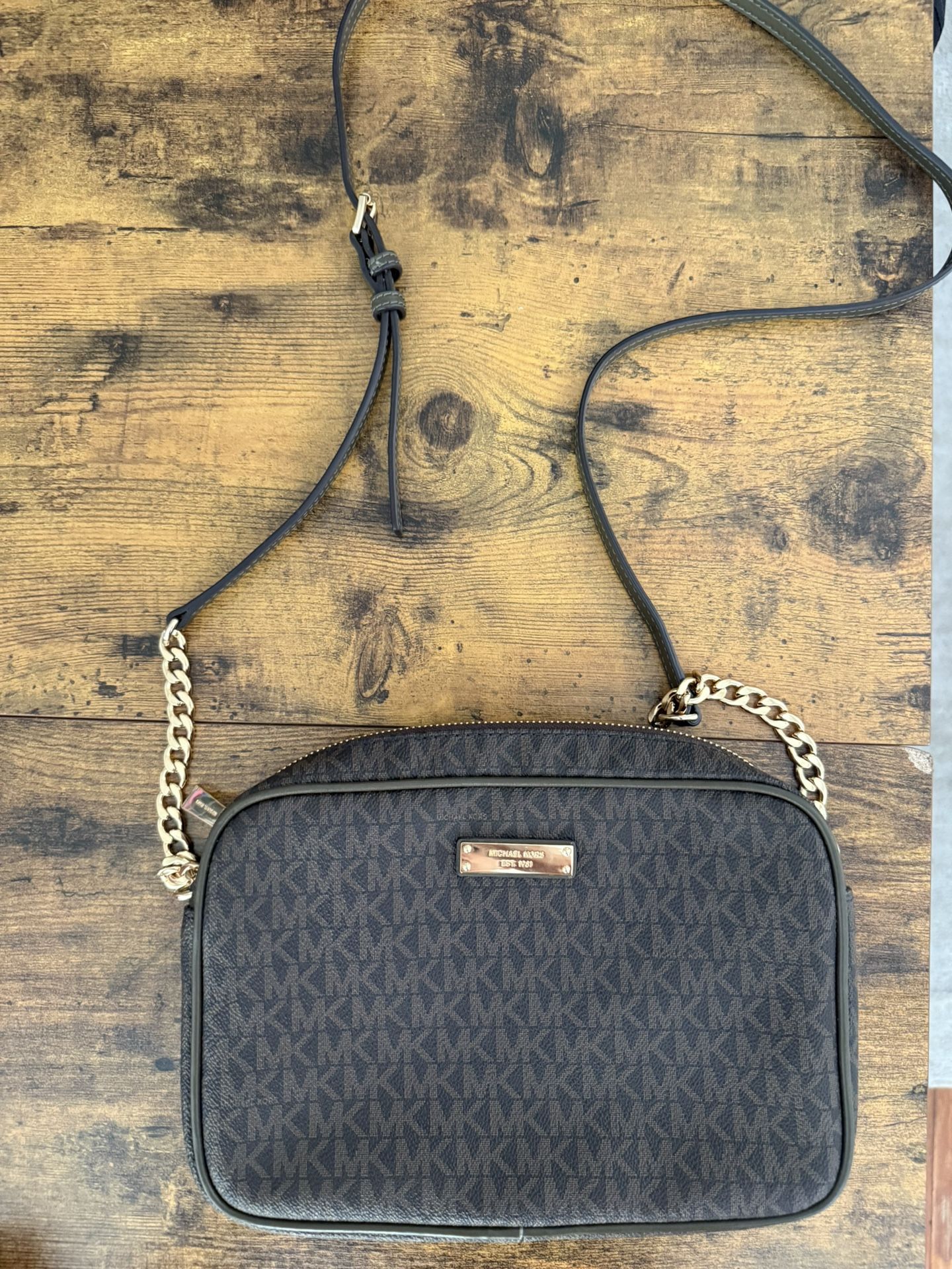 Michael Kors Jet Set Travel Crossbody Bag Brown MK Logo Purse Gold Chain Strap