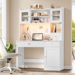 47.2"W Wooden Computer Desk With Hutch And Led Lighting, White