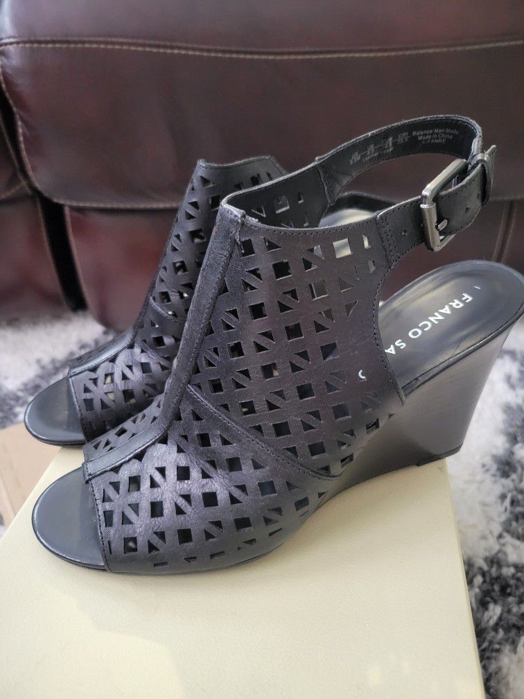 Franco Sarto Black Leather Wedge Sandals 8.5
