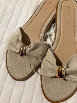New Flat Slide Sandals with Gold Hardware, Size 7.5