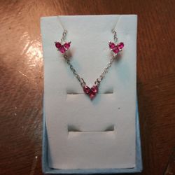 New .925 Sterling Silver Ruby Necklace And Earrings Set