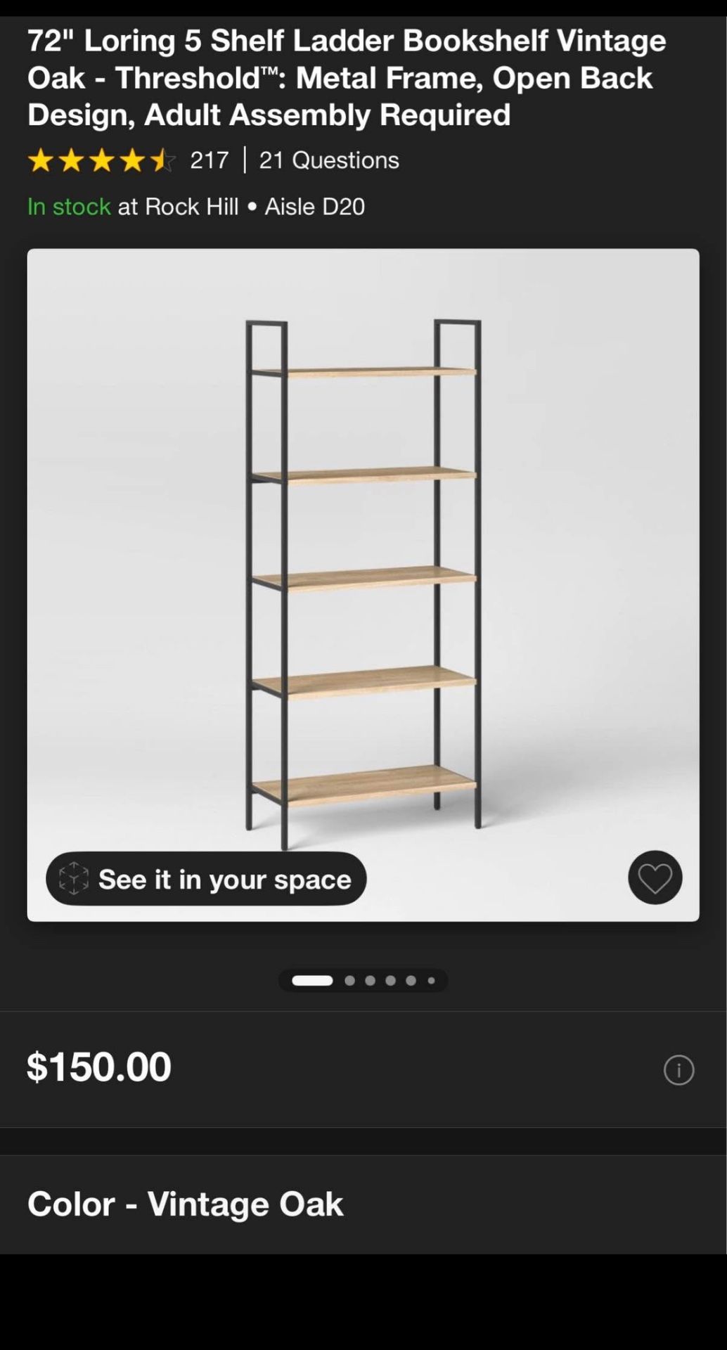 72" Loring 5 Shelf Ladder Bookshelf Vintage Oak - Threshold™: Metal Frame, Open Back Design
