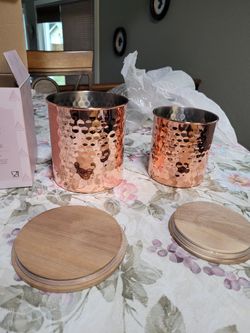 Uncommon James Set Of 2 Hammered Copper Colored Canisters