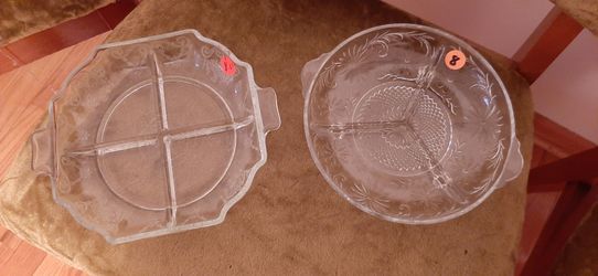 Vintage glass serving dishes with divided sections.