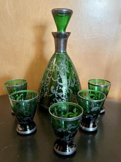Vtg. Bohemian Green Decanter Set With Sterling 
