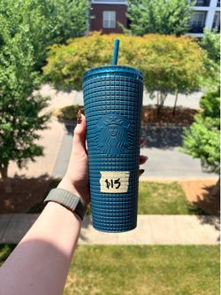Navy blue grid pattern Starbucks water bottle