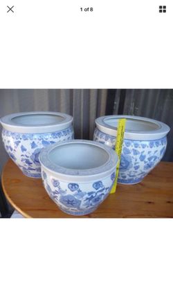 SET of 3~Chinese WHITE-BLUE Ceramic~LARGE 12” Planters Fish bowl POT