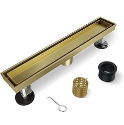 (Brand New Factory Sealed)  HTOH Shower Drain, 18 Inch Gold Linear Shower Drain with Removable Tile Insert Grate, 2 in 1 Bathroom Modern 304 Stainless