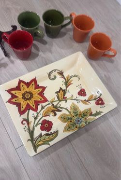 Pier 1 Festive Autumn Coffee/Tea Tray w Cups