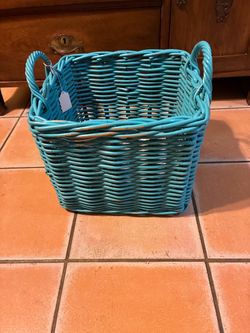 $15-Turquoise Distressed Painted Wicker Storage Basket