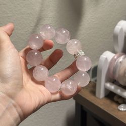 🌸 21mm Rose Quartz Bracelet | Jumbo Beads with Silver-Plated Crystal Accent